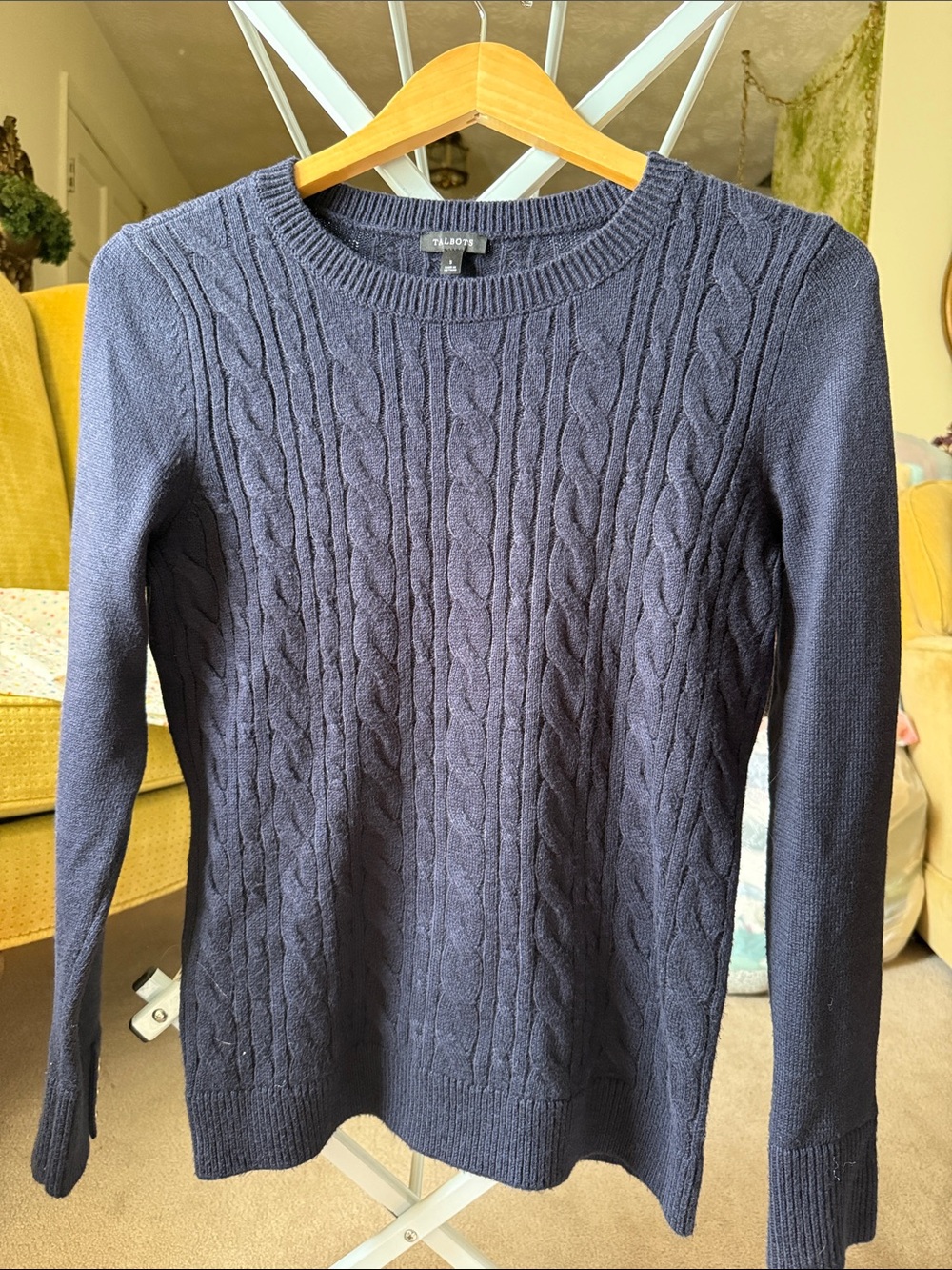 Talbots Navy Cable-Front Crewneck Sweater